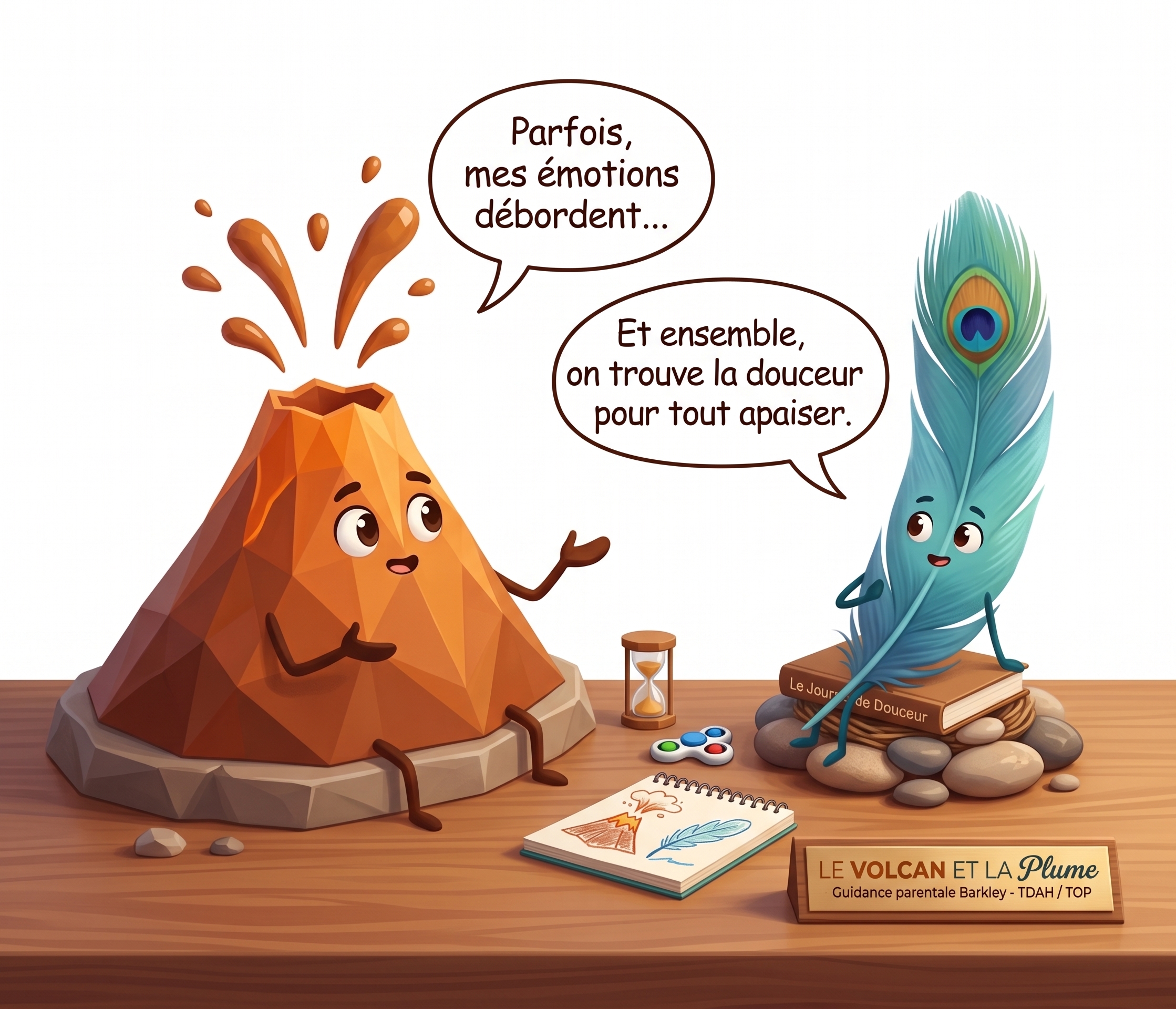Volcan et Plume discutent assis